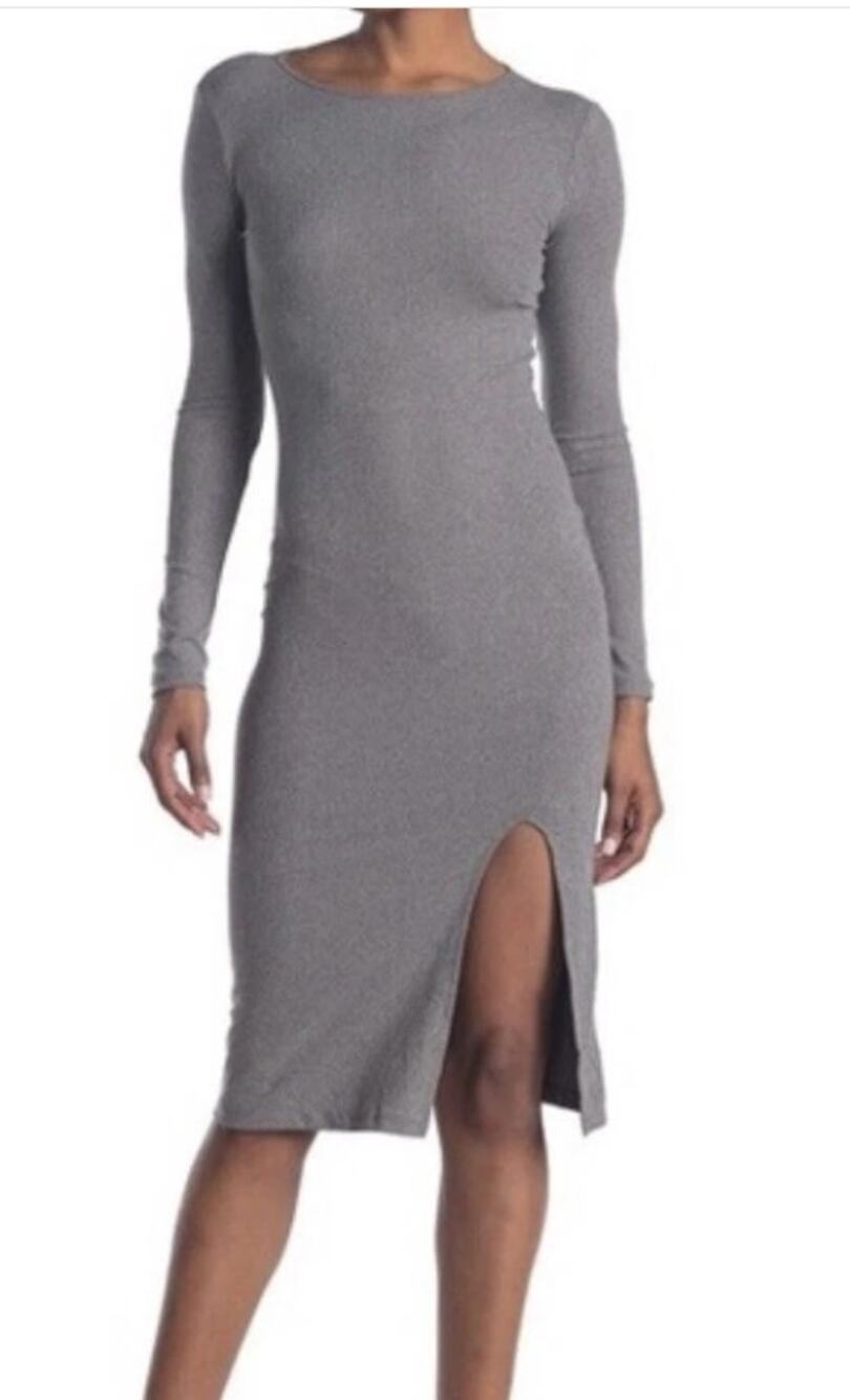 Abound Side Slit Rib Knit Long Sleeve Round Neck Midi Dress Sz Small Grey NWT
